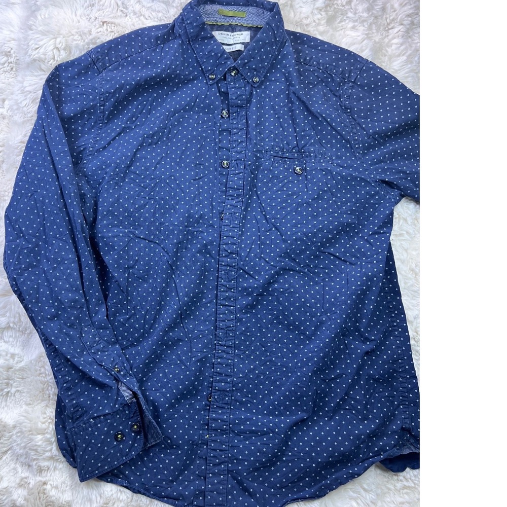 Denim & Flower Mens Slim Fit Navy Blue Polka Dot Button Down Shirt Large. A36